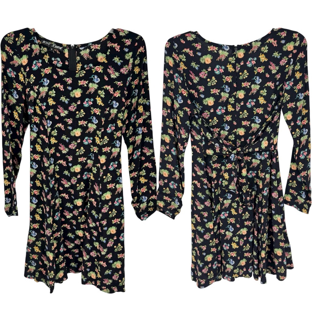 Betsey Johnson Black Mini Dress with Pink, Yellow & Blue Floral Print
